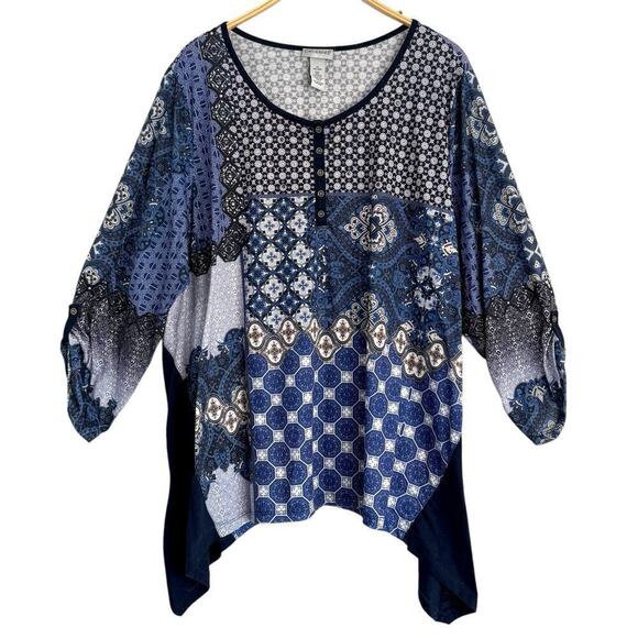 Catherines Tops - Catherines Top 3X Blouse Lightweight Casual Stretch Tunic 3/4 Sleeves Geometric